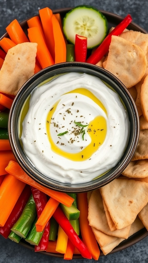 Creamy feta yogurt dip in a bowl with fresh vegetables and pita chips.